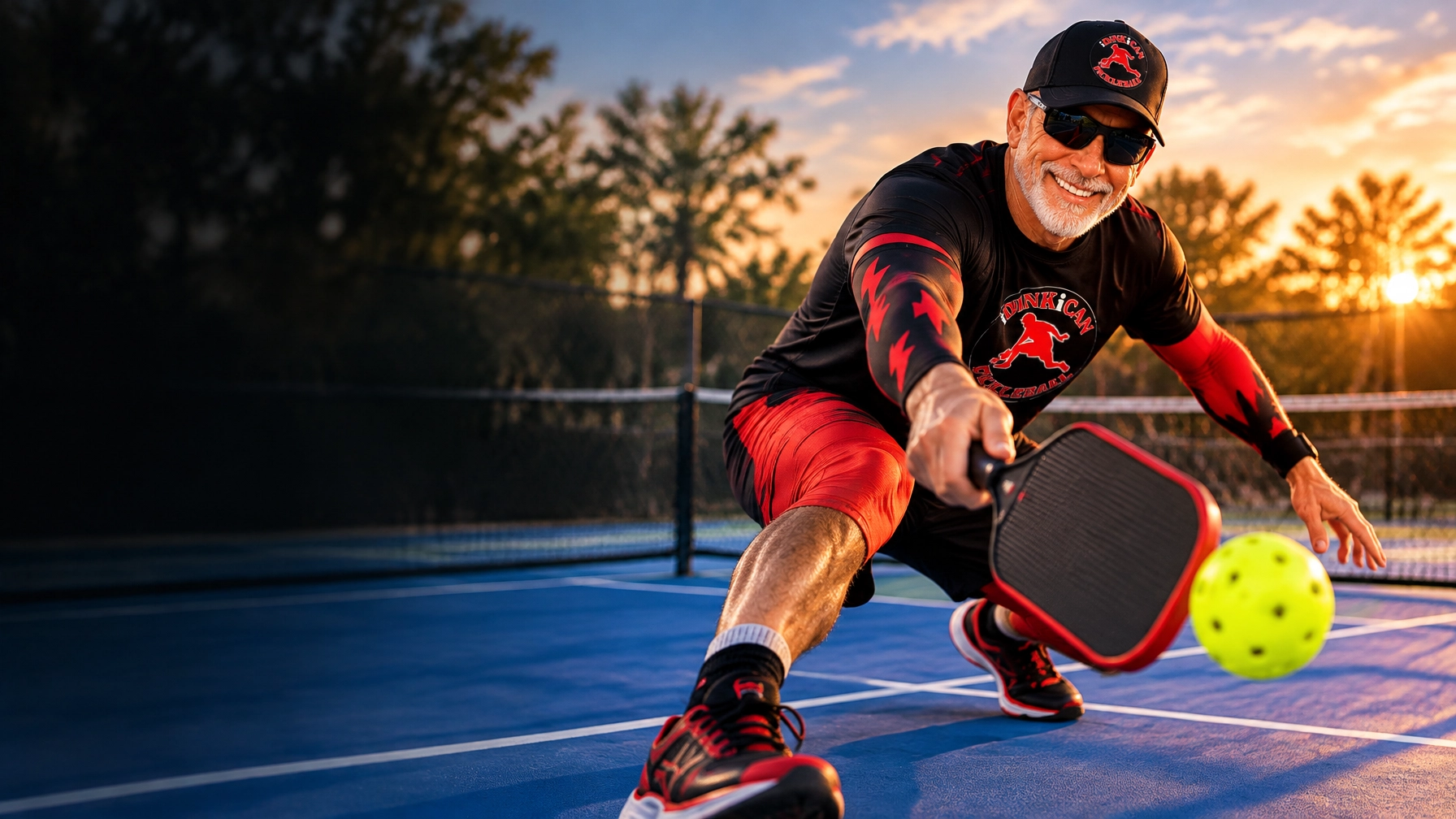 DAR in a low lunge, reaching forward for a pickleball volley on court