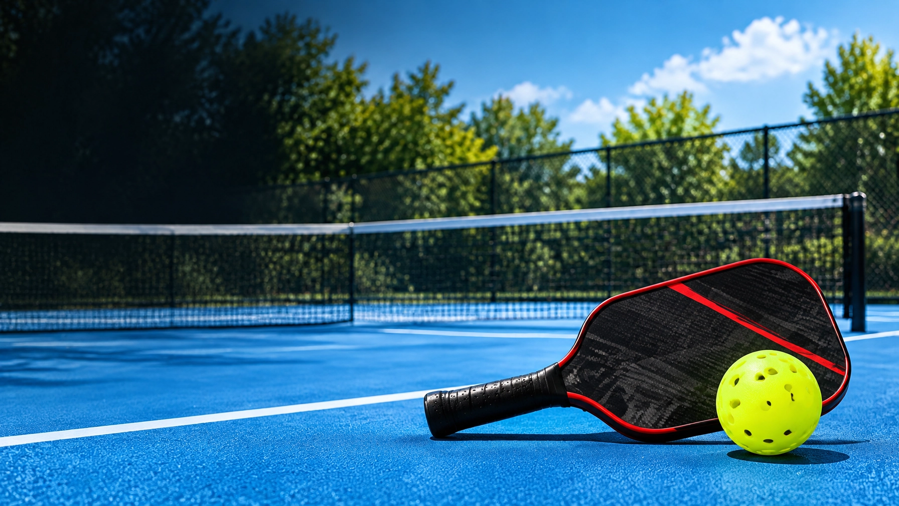 Pickleball paddle and ball on a blue court